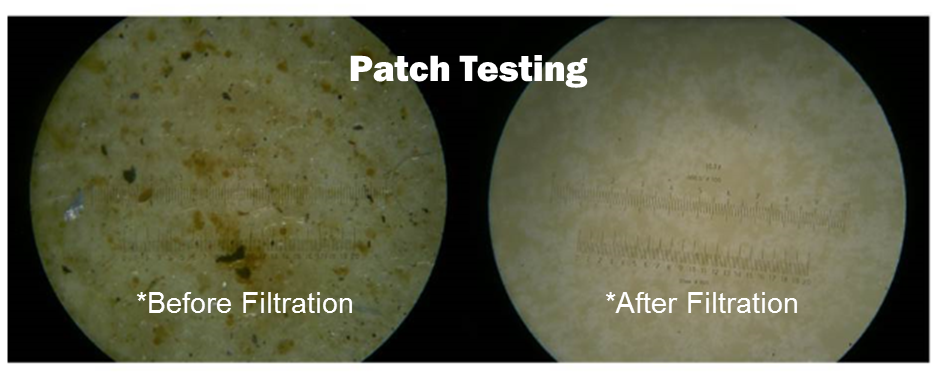 An image of patch testing that shows contaminates in lubrication before the ISOCLEAN filtration process. After the ISOCLEAN filtration process, the sample is clear of contaminates. 