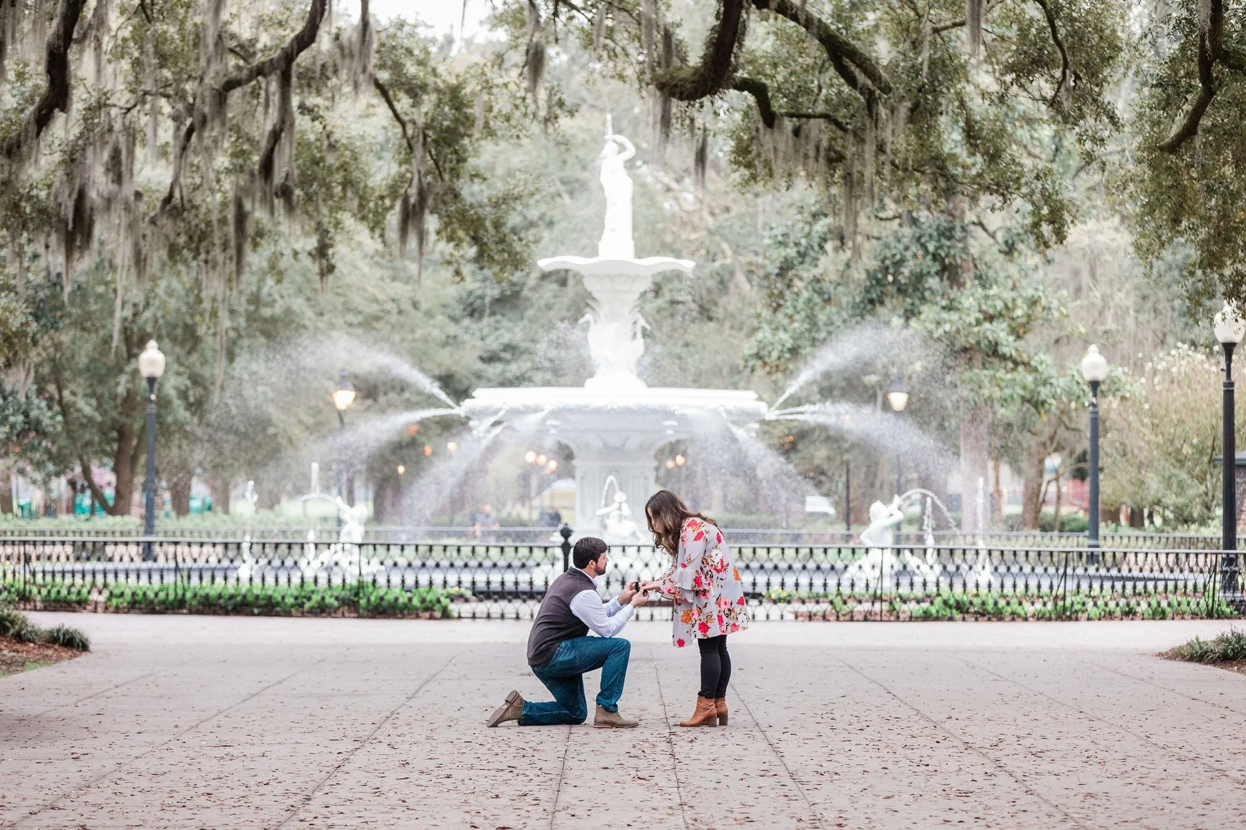 Travis + Abby’s Surprise Forsyth Fountain Proposal - Savannah Proposal Photographer | Apt. B Photography