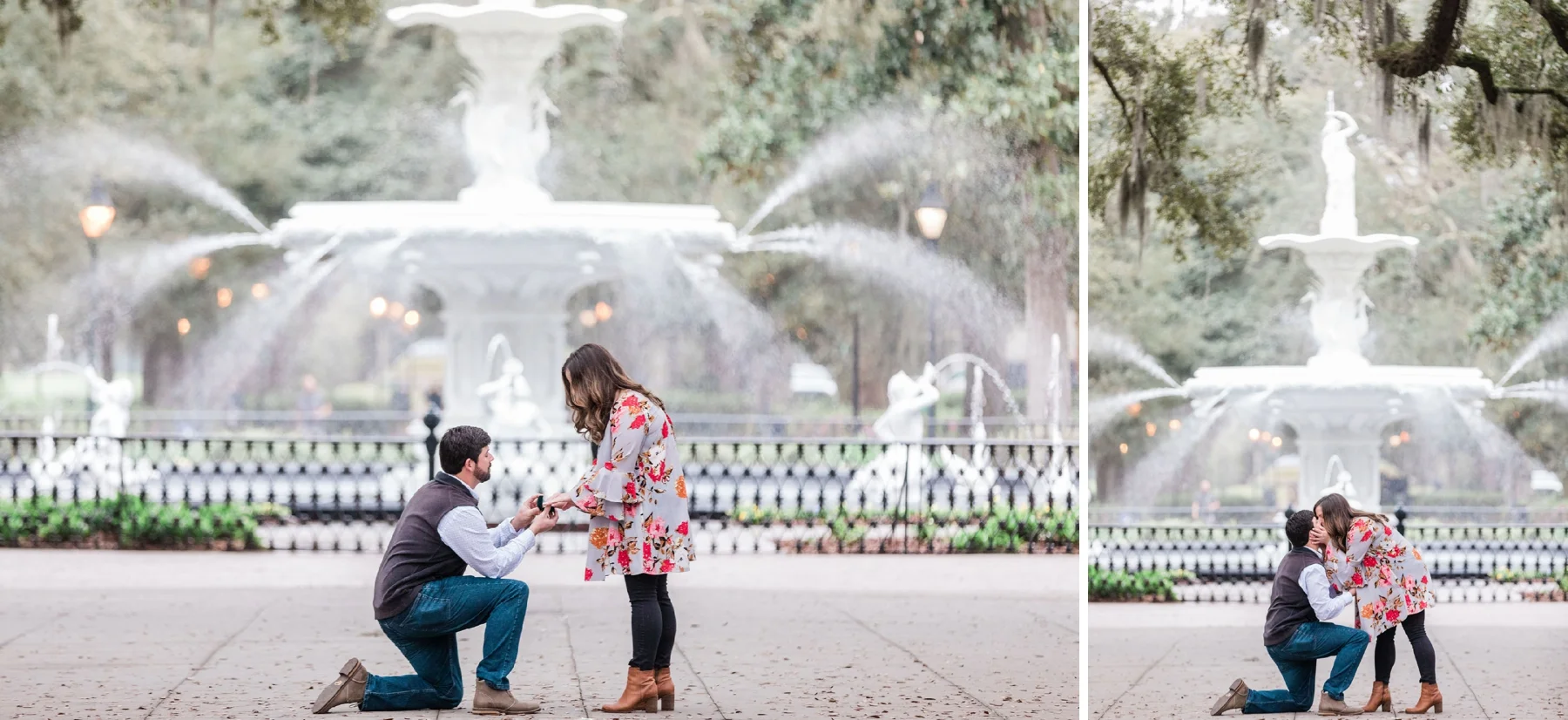 Travis + Abby’s Surprise Forsyth Fountain Proposal - Savannah Proposal Photographer | Apt. B Photography
