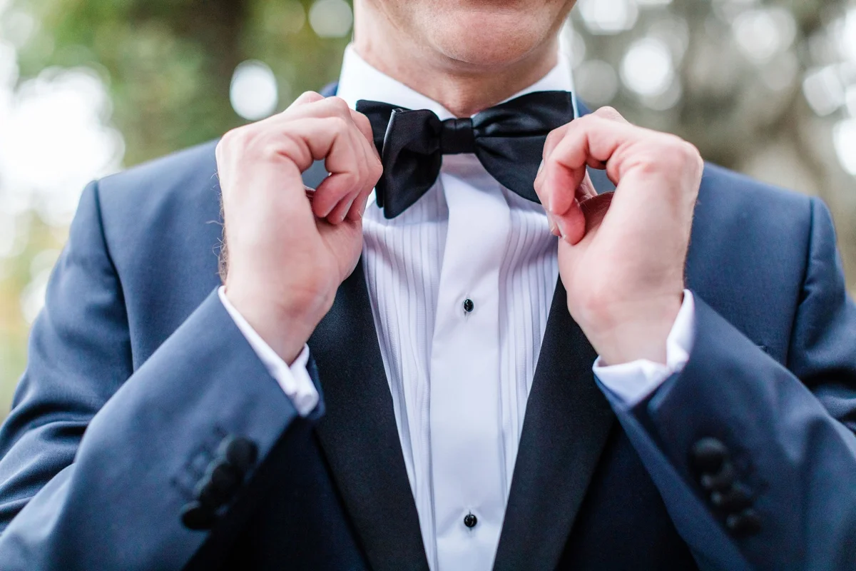 Blue grooms suit with black bowtie - Intimate Savannah Elopement