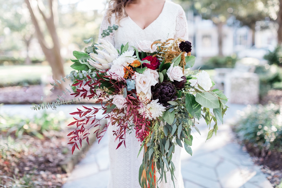 Large burgundy bohemian and natural bouquet by Ivory And Beau - Apt B Photography - Savannah wedding photographer