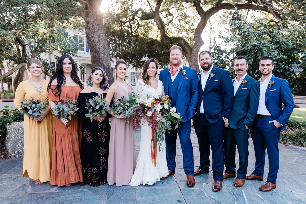 Fall boho mismatched bridesmaids with greenery bouquet - Savannah wedding photographer