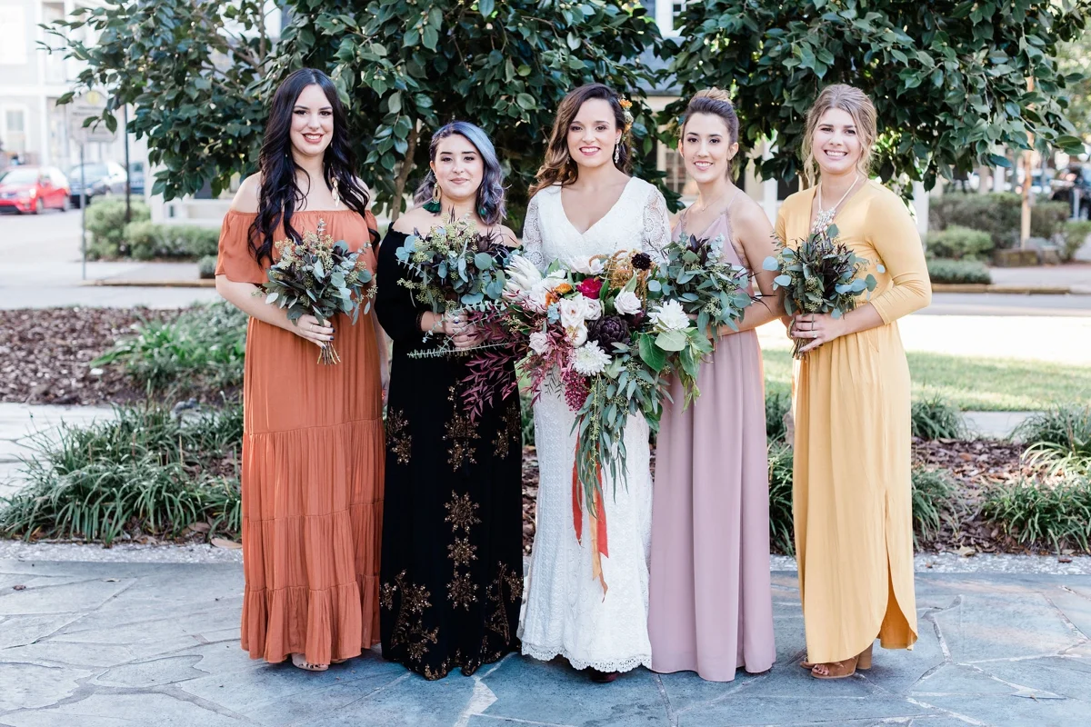 Fall boho mismatched bridesmaids with greenery bouquet - Savannah wedding photographer