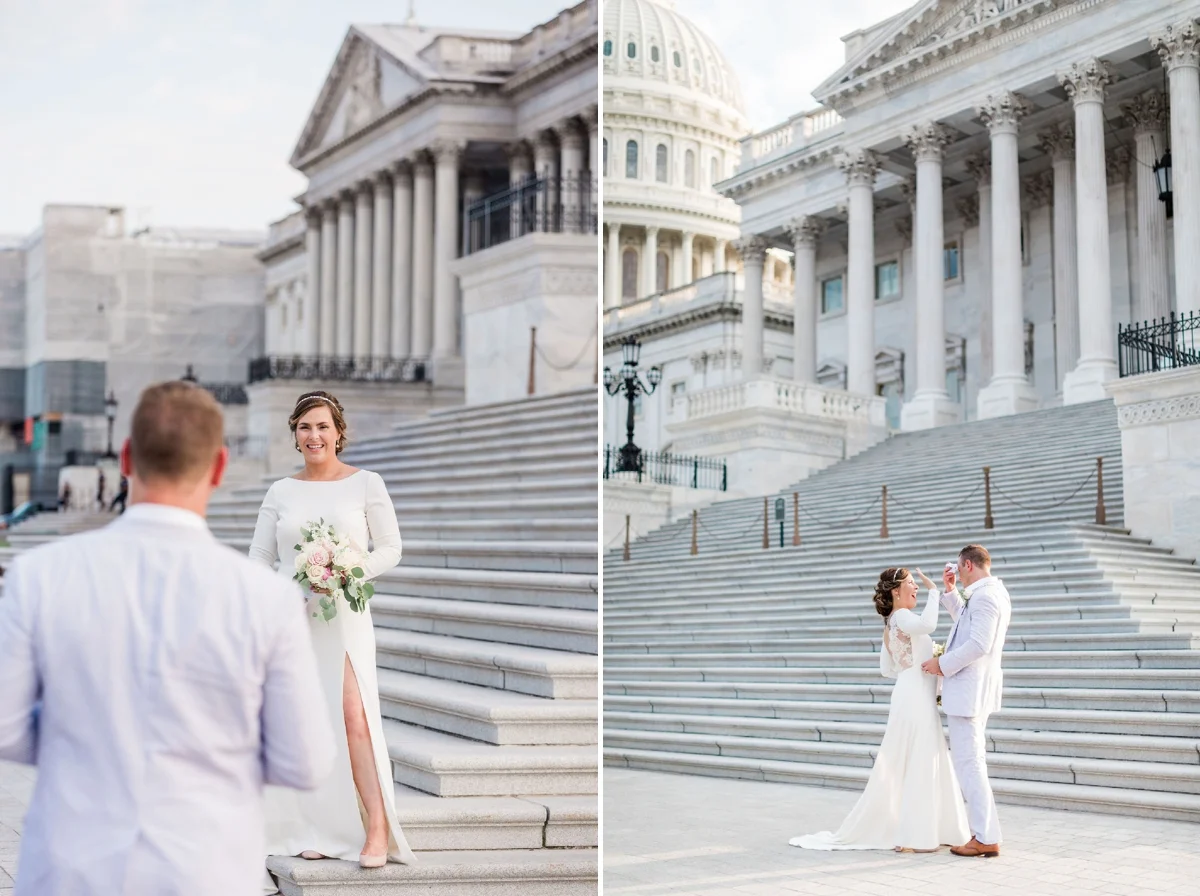 Bride in Amy Kuschel Redding Gown from BHLDN and groom in a Seersucker suit