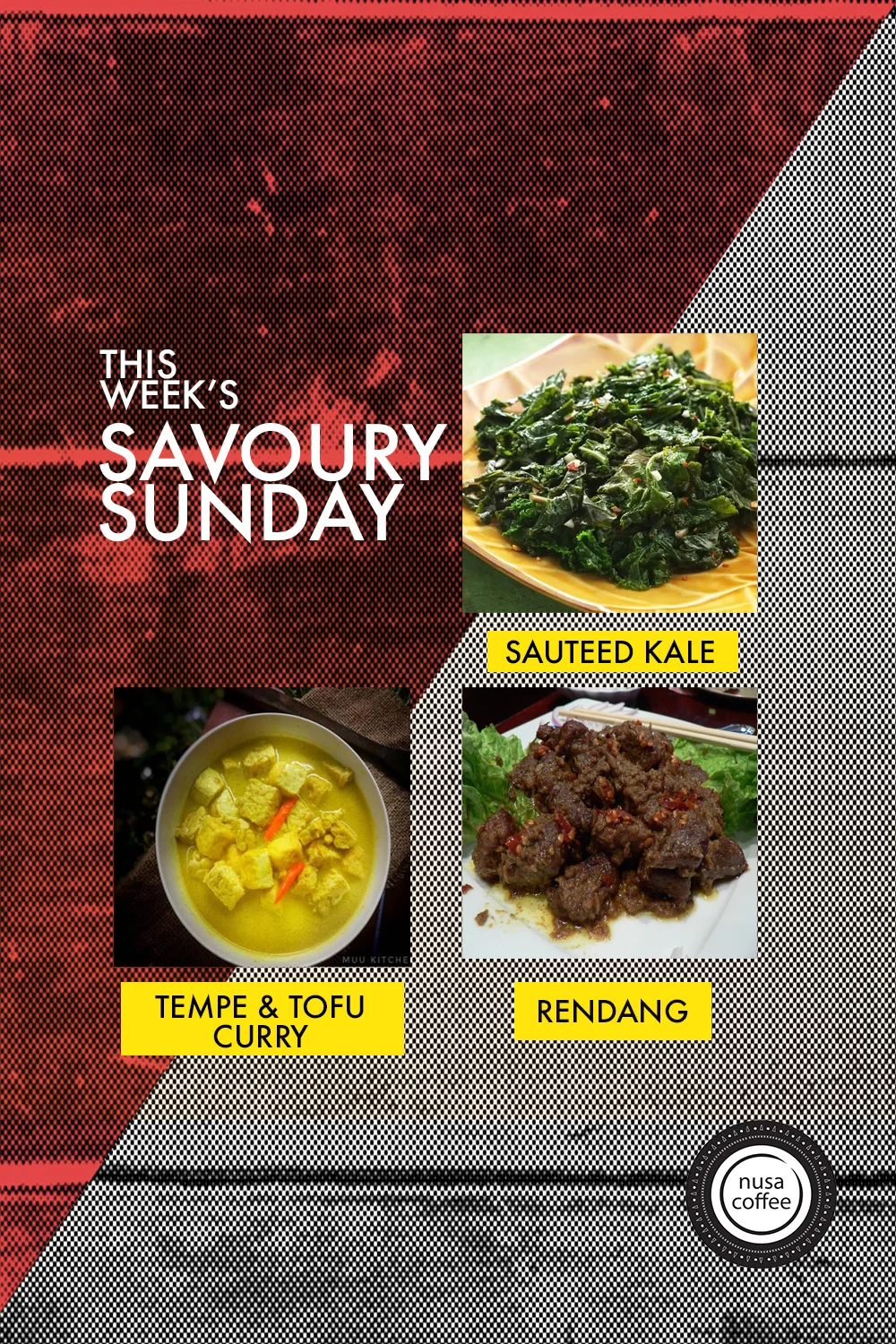 As part of our goal in promoting Indonesian cuisine, we are introducing a new weekly culinary experience called; Savoury Sundays. We will be serving a lunch box of different kinds of Indonesian dishes at Nusa Cafe every Sunday. This week’s menu consist of Sauteed Kale, Rendang, and Tempe & Tofu Curry! If you want to reserve this lunch set (due to limited quantity) just drop an email to omar@nusacoffeecompany.com with your name and quantity.