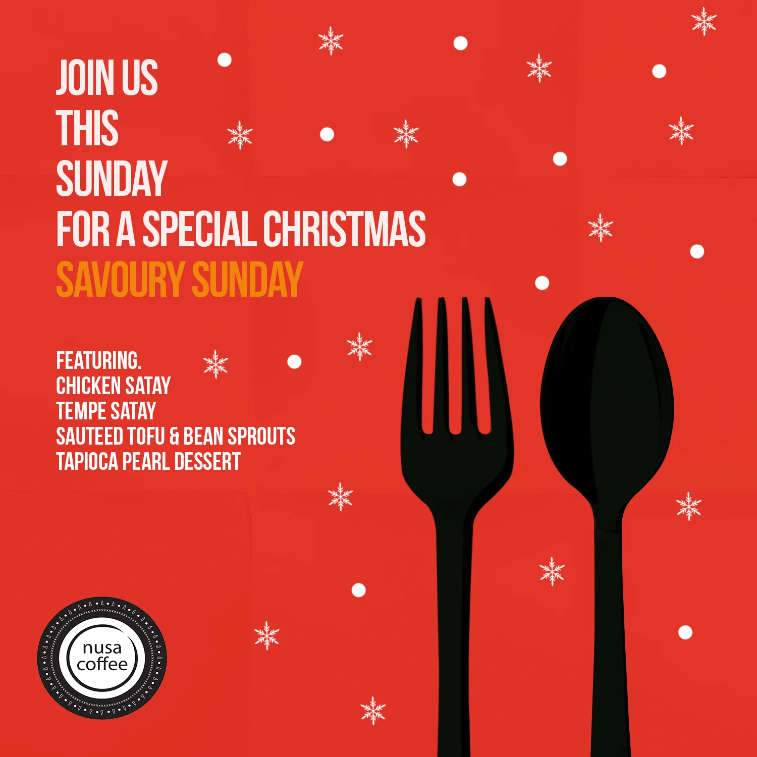 Friends and family, join us this Sunday for the last Savoury Sunday of the year! As usual we will be serving variety of Indonesian dishes throughout the day, so make sure you come by! 10% off for all students!