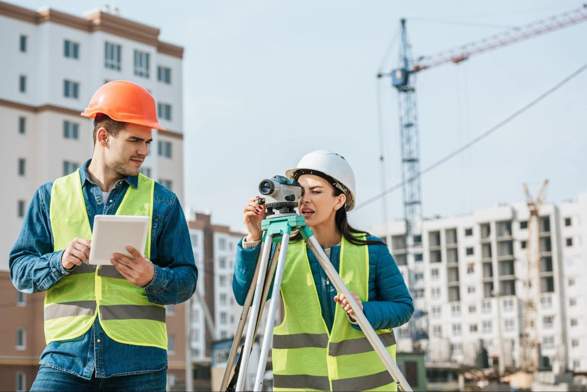 Building surveyors checking level measurements and recording findings on a tablet during a site inspection