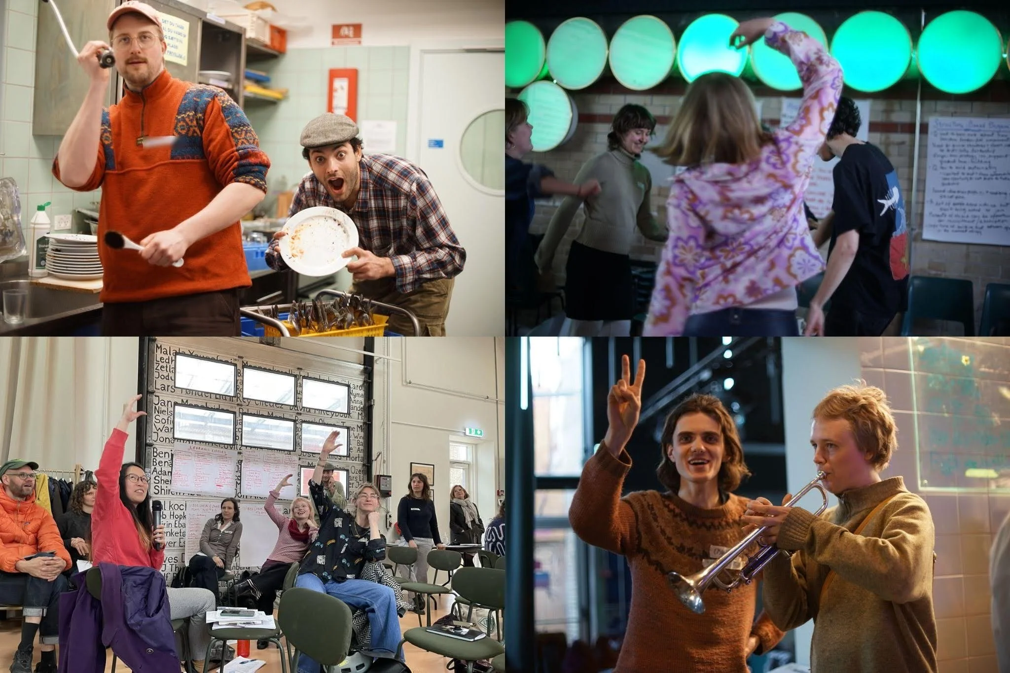 A four-panel collage showing participants at a Momentum training in Copenhagen actively participating in swarm teams: cooking and washing dishes, dancing during an energizer, teaching a hand signal, and playing a trumpet.