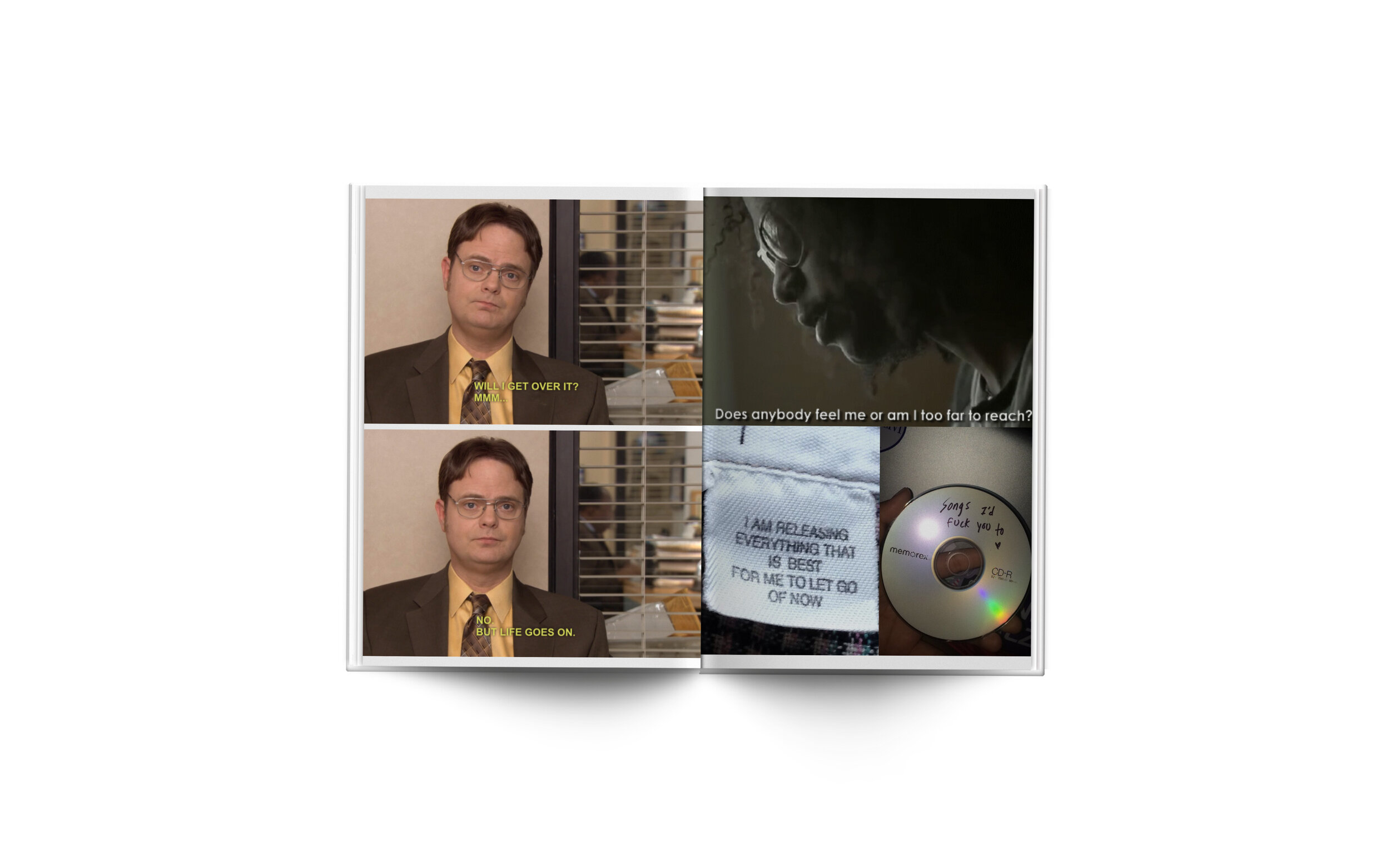 Open book with images and subtitles from a television show, showing two scenes with a man in glasses and a yellow shirt, and images of a hoodie, a CD, and a man with a beard.
