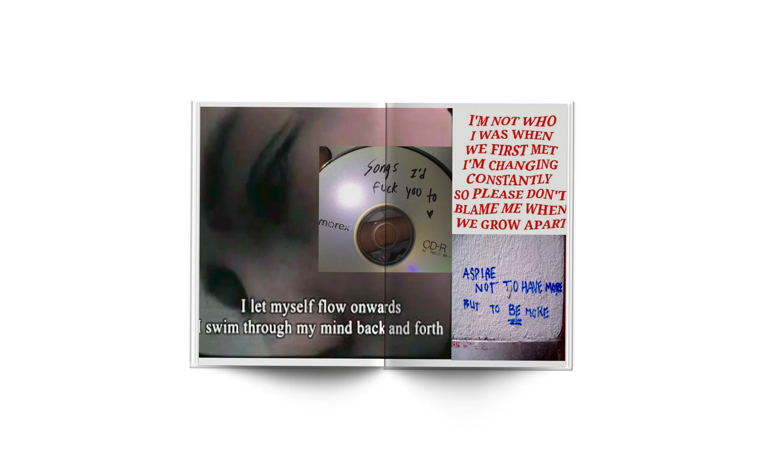 An open book with various photographs and handwritten notes on white background. The left page has a blurry photo and a subtitle saying "I let myself flow onwards swim through my mind back and forth." The right page has red printed text and blue hand
