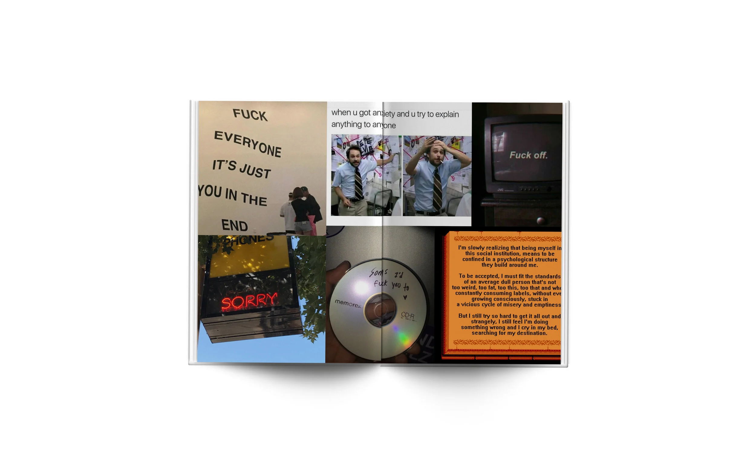 A collage of various images and text, including a sign with a message, photographs of a man in a gray shirt and tie making different expressions, a TV screen with the words "Fuck off," a neon sign that says "SORRY," a CD with handwritten text, and a 