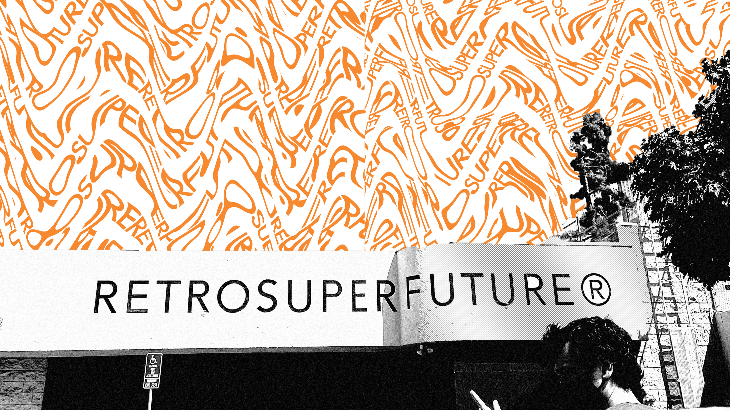 A black and white photo of a sign that reads 'RETROSUPERFUTURE' with a graffiti-style background in orange and white that contains the words 'SUPER' and 'RE