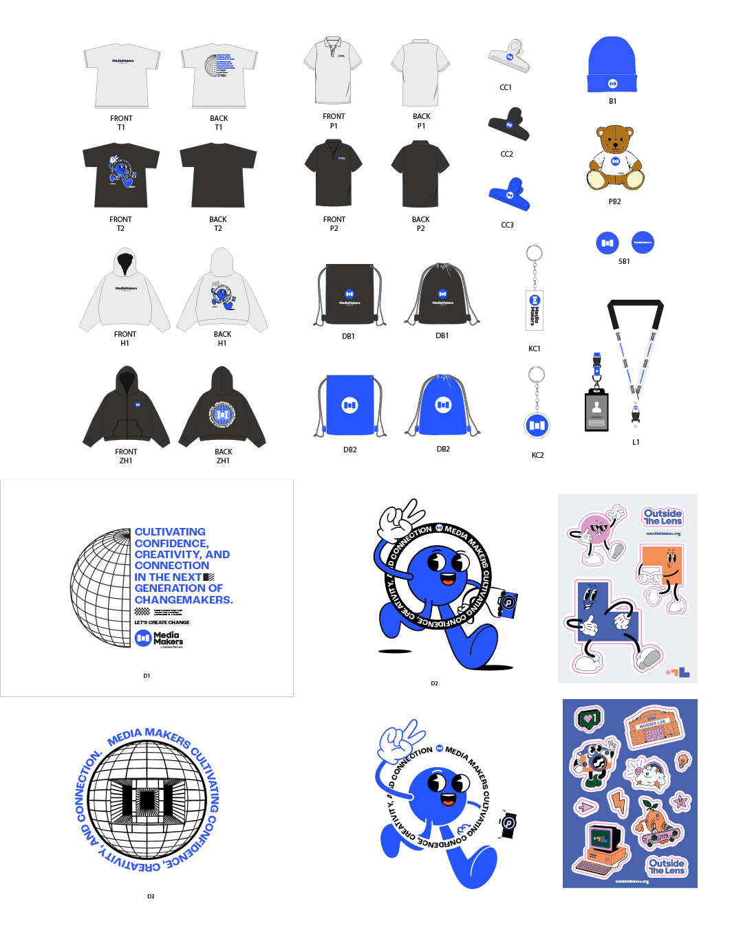 Collection of company branded apparel, accessories, and promotional items including T-shirts, polos, hoodies, backpacks, lanyards, stickers, and buttons with a media and connection theme.