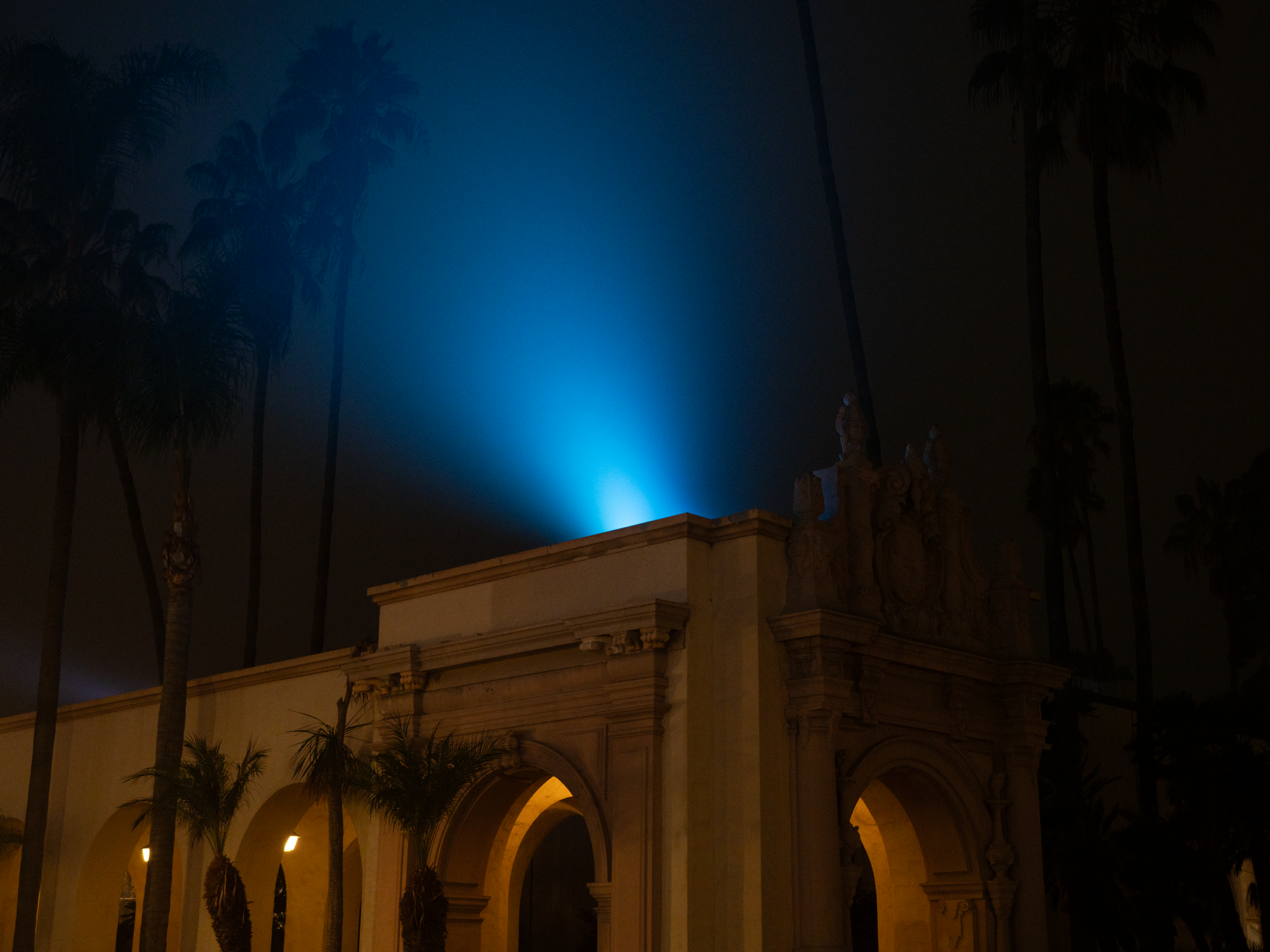 Nighttime scene with illuminated architectural building and tall palm trees silhouetted against a dark sky with a blue light beam.