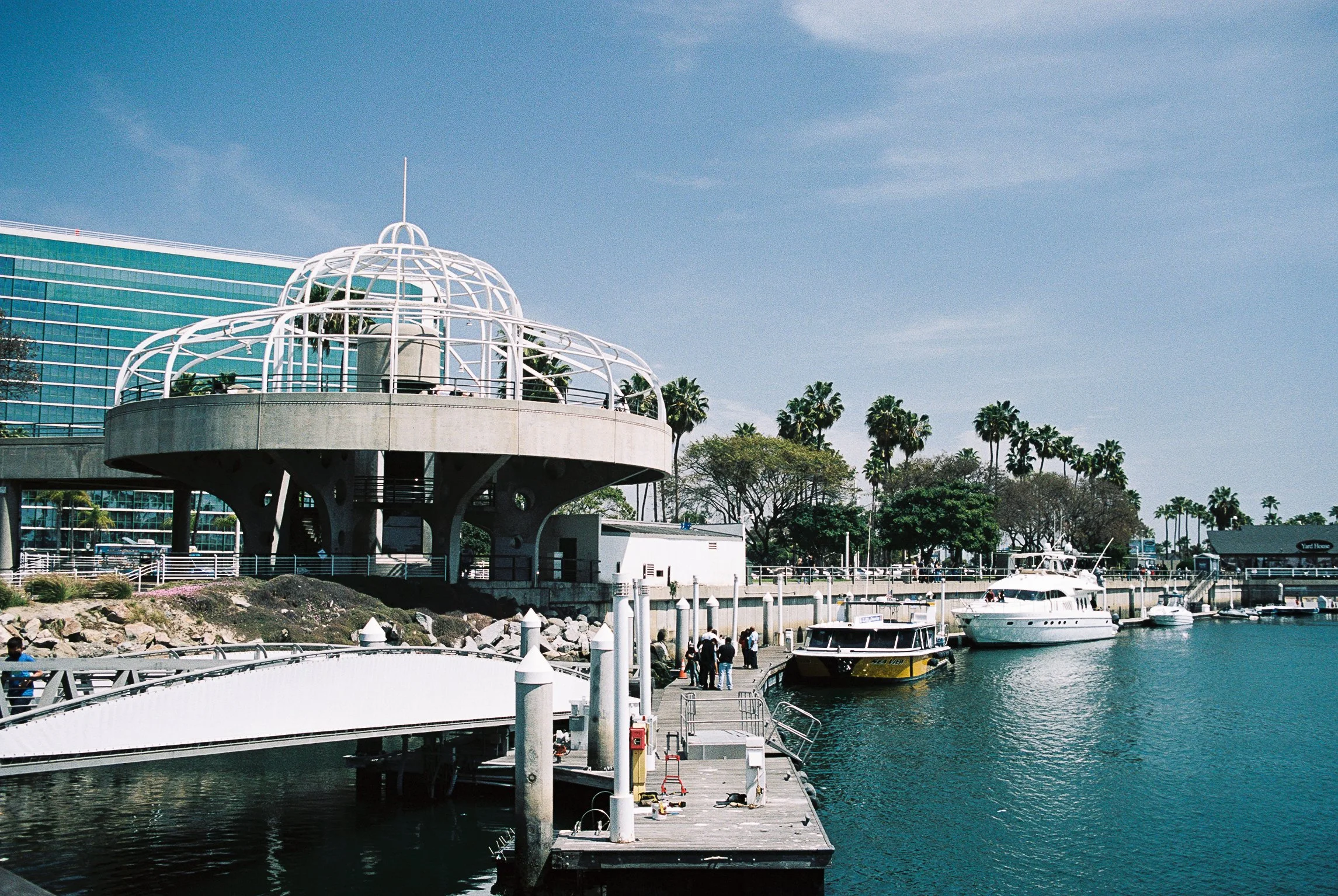 Marina with yachts docked, modern building with glass windows, palm trees, and a blue sky.
