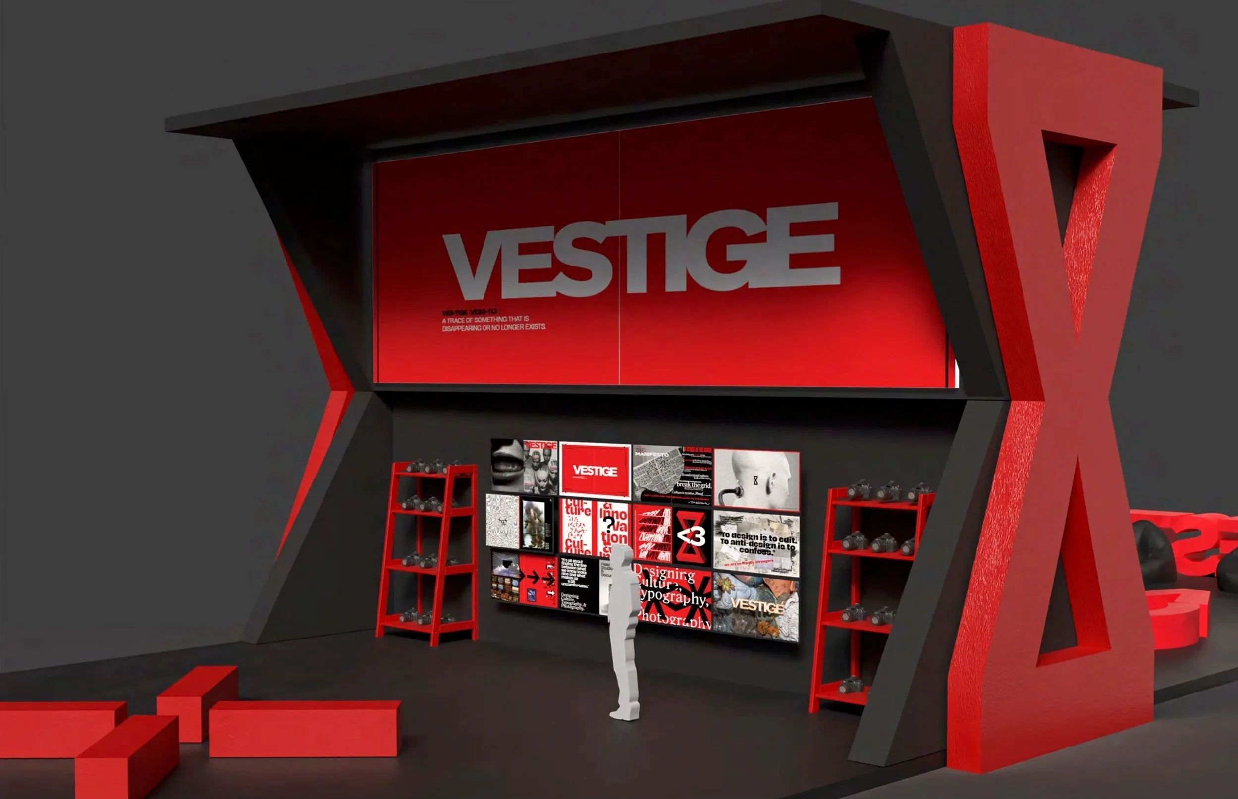 A modern exhibition display with a red and black theme, featuring a large red sign with white text that reads "VESTIGE" and a tagline about the traces of disappearing or gone objects. Below the sign are two red shelves holding artistic posters and imagery, with several small black objects arranged on the shelves.