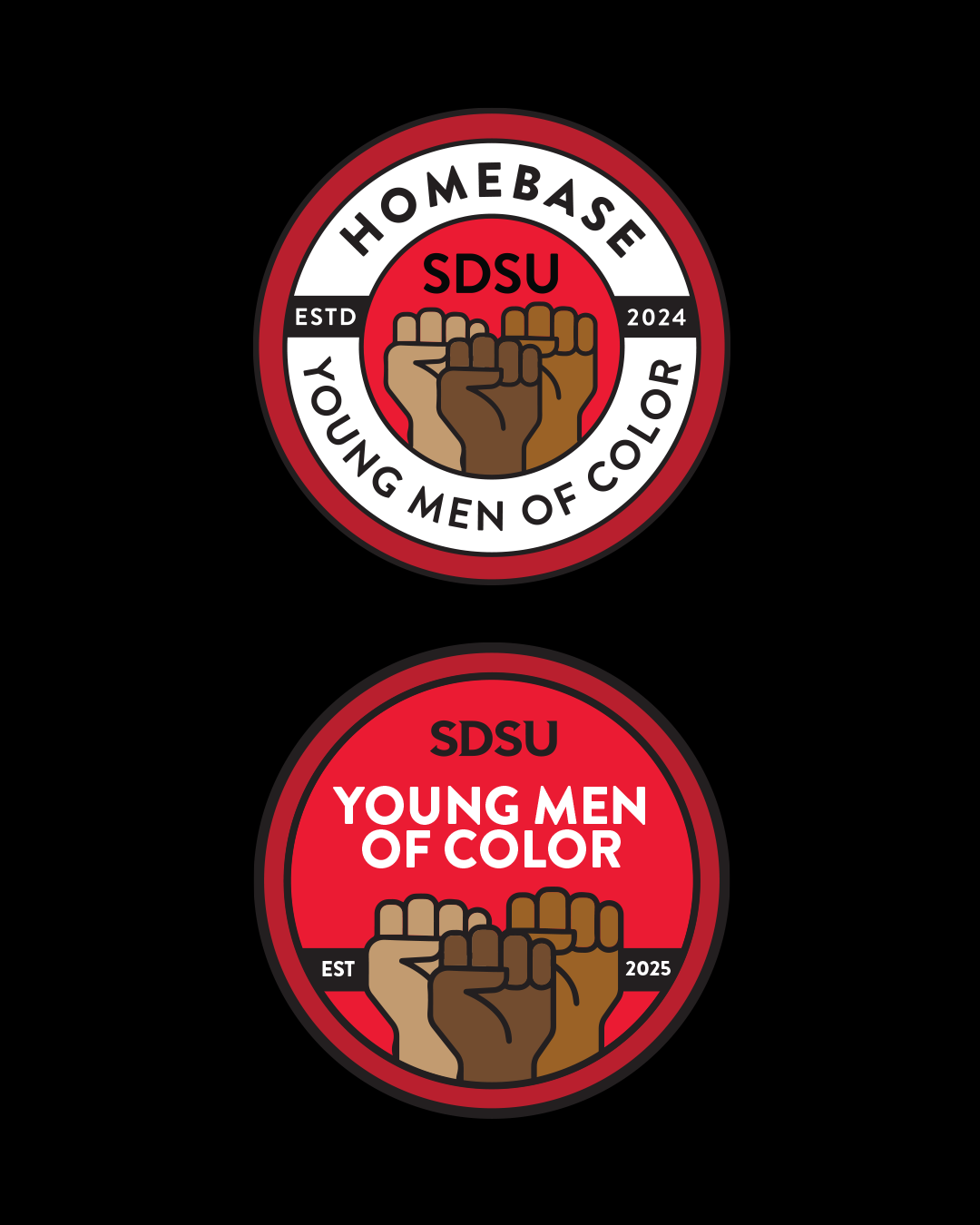 Two circular badges with red, black, white, and beige colors. The top badge features a clenched fist and the text "HOMEBASE YOUNG MEN OF COLOR" with "SDSU" in the center. The bottom badge has similar fists and the text "YOUNG MEN OF COLOR" with "SDSU" and the years "ESTD 2024" and "2025".