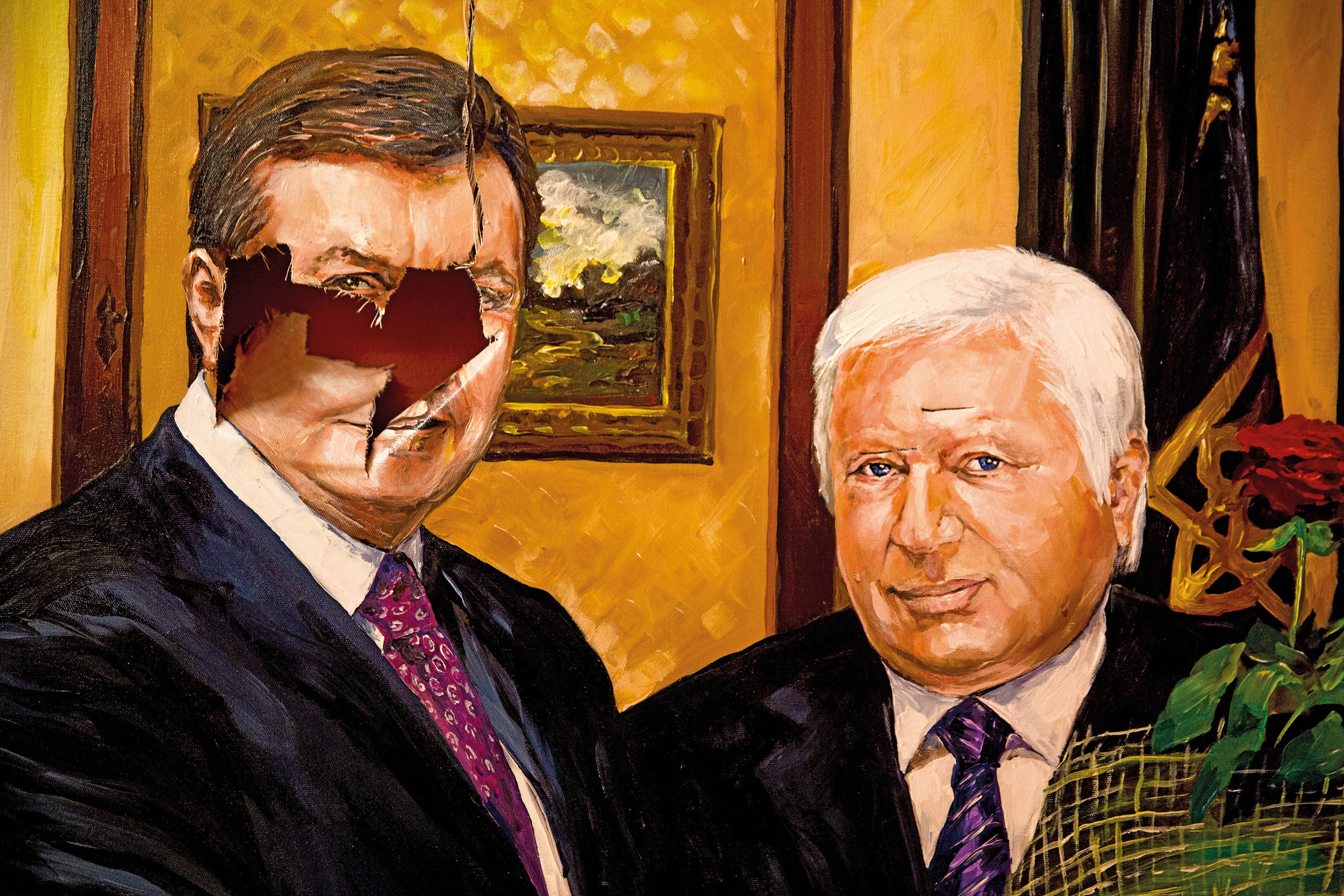  Portrait of Ukrainian ex-president Yanukovich and ex-prosecutor general Pshonka is seen damaged after protesters assaulted Yanukovich's residency when he fled the country. The portrait is a part of an exposition of president's goods that was install