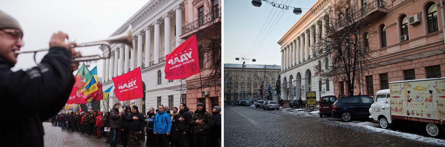 (Left) Activists gather at Horodetskoho Street in central Kiev one morning last winter during a shift change after patrolling the streets around the Euromaidan camp overnight. A man plays the national anthem "Ukraine is Not Dead Yet" on the trumpet as men and women sing. (Right) Today, a relative calm has descended on the city, though men in camouflage uniforms can often be seen here as soldiers return from the front lines of eastern Ukraine, where the fight against Moscow-backed rebels continues.