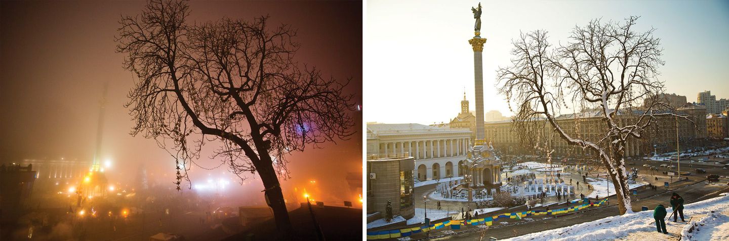  (Left) View of Independence Square and the Euromaidan tent camp from the hill near October Palace in Kiev on a cold New Year's Eve last year.  (Right) The tents and barricades have come down but memorials to the activists killed have been erected, a