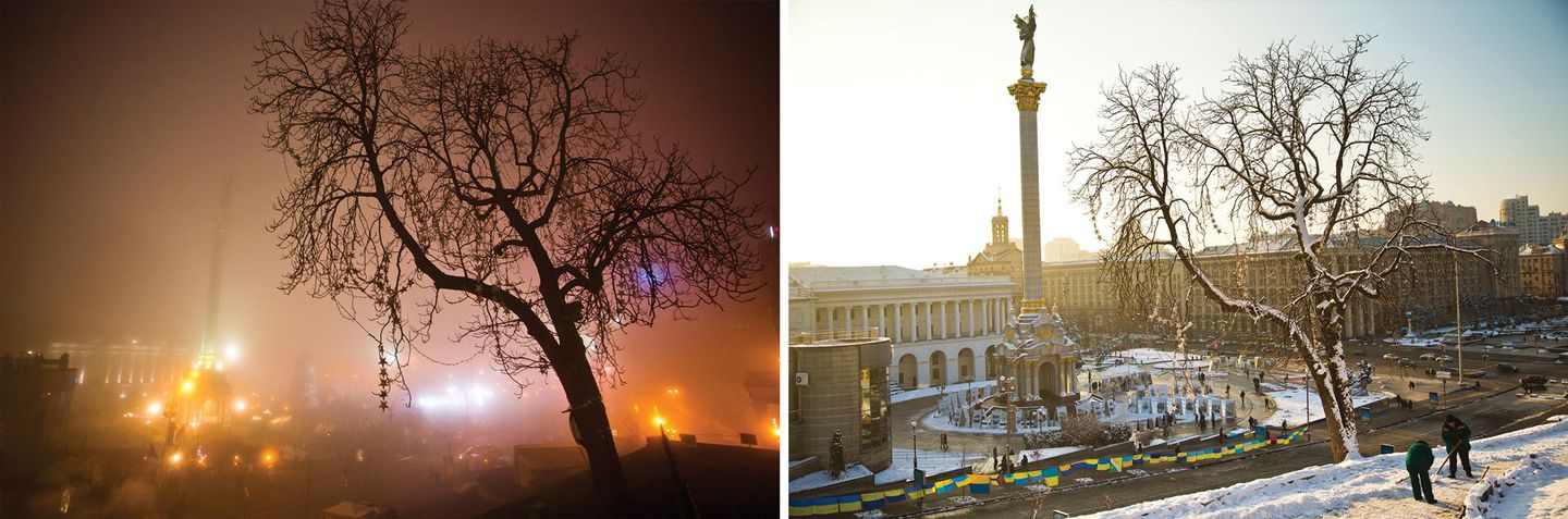 (Left) View of Independence Square and the Euromaidan tent camp from the hill near October Palace in Kiev on a cold New Year's Eve last year. (Right) The tents and barricades have come down but memorials to the activists killed have been erected, along with dozens of blue and yellow Ukrainian flags along Institutska Street below.