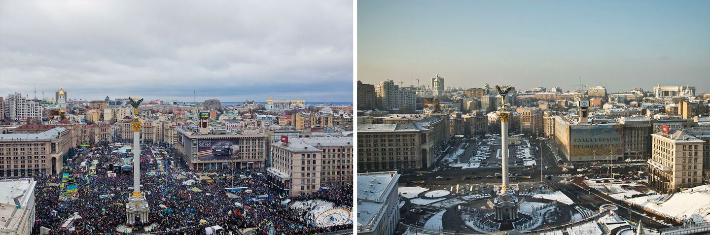  (Left) The view from Hotel Ukraine on Independence Square, overlooking the tent city where hundreds of thousands of people gathered to protest against President Viktor Yanukovych in February.  (Right) The same view today from the top of the hotel. A
