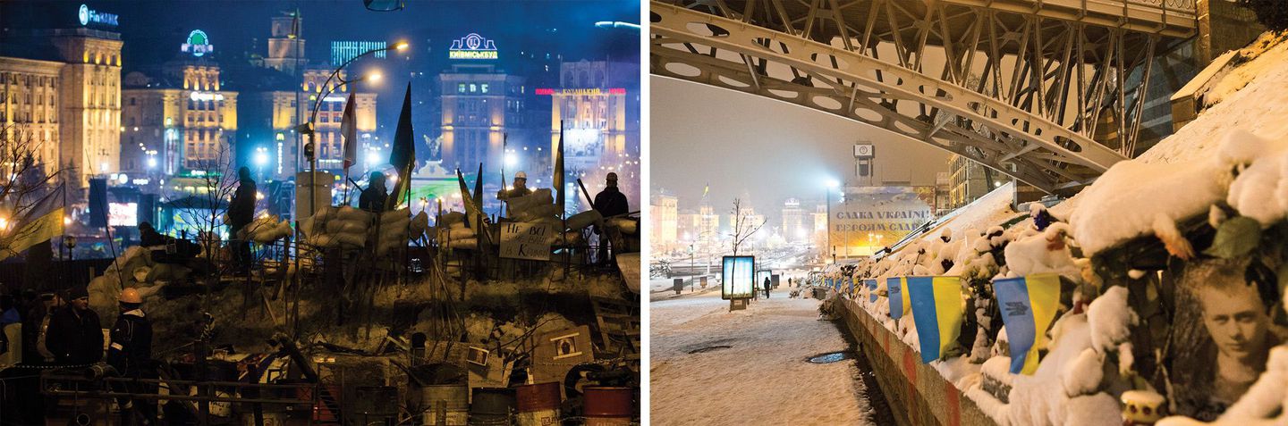 (Left) Euromaidan volunteers stand guard on the barricade on Institutska Street which cuts through central Kiev, from Independence Square to the city's government district. This big barricade was erected beneath a skybridge to prevent the government's security forces from storming the protester's tent city. (Right) Now part of the street has been renamed "Alley of the Heavenly Hundred," in reference to the Ukrainians who were killed here during the revolution. Portraits and memorials with flags and flowers line the street. People come out daily to pay their respects to the fallen.