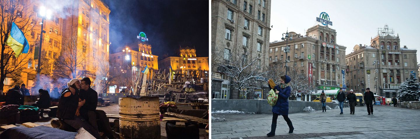 (Left) A couple embrace near a barrel fire inside the barricades last winter. Hundreds of thousands of Ukrainian endured sub-zero temperatures for three months at the camp, which served as the heart of the anti-government protest movement. (Right) A year later, the barricades and barrel fires have been cleared from the square and people now go about their daily life.