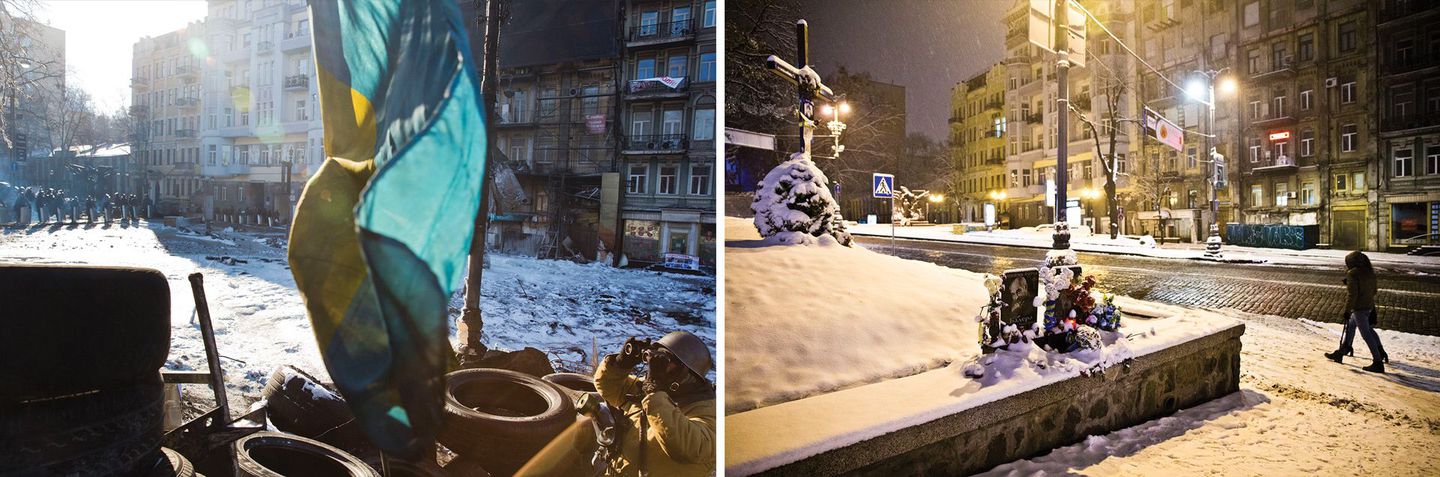  (Left) A protester peers through binoculars at police lines on Kiev's central Hrushevskoho Street in January. The road became a flashpoint when protesters attempted to march to parliament. Met by riot police, protesters hurled stones and molotov coc