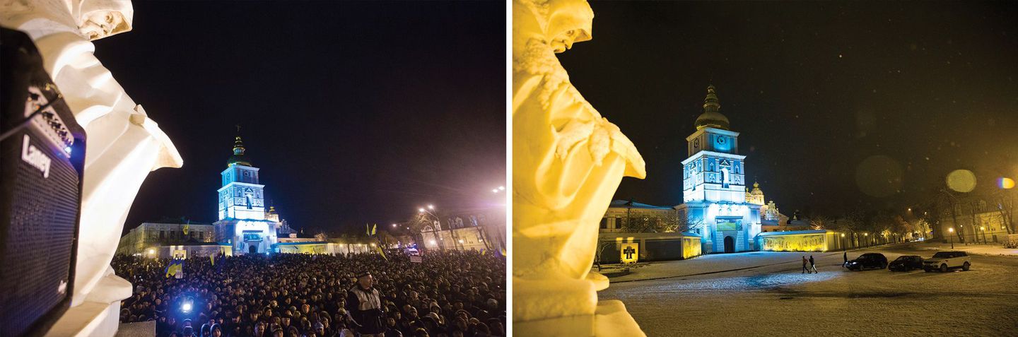 (Left) The first camp of some 300 or 400 people — mostly students — on Maidan was violently dispersed by riot police in the early morning hours of Nov. 30. Immediately afterward, thousands of Ukrainians gathered on nearby Mykhailivska Square outside a monastery in which the students sought refuge and medical attention. They formed self-defense squads and prepared for a giant demonstration later that day. (Right) Today the square is as calm as it was before the revolution.