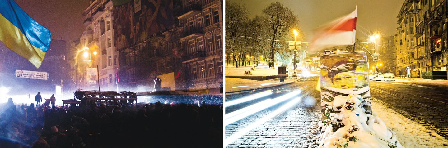  (Left) Protesters face down riot police on Hrushevskoho Street last January.  (Right) In place of barricades and bonfires on Hrushevskoho Street is a memorial to Euromaidan activist Mikhail Zhiznevsky, killed during the revolution. 
