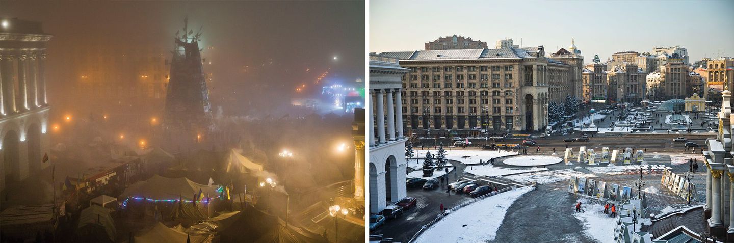  (Left) Protesters hung flags and revolutionary messages from a tree that can be seen through the smoke and fog in Independence Square.  (Right) The same view of Independence Square and Khreshchatyk Street today after a light snow. The tree is now go