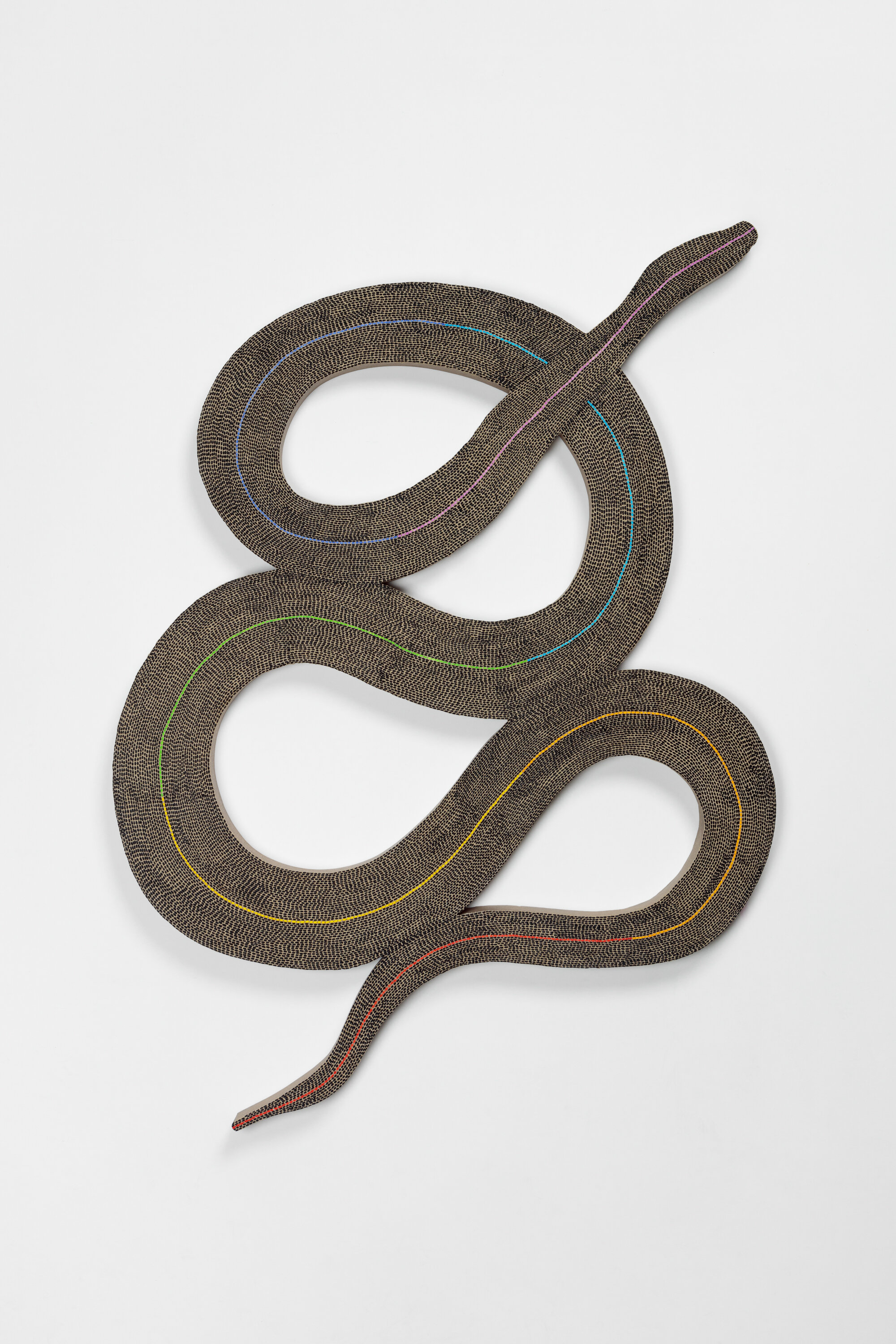   Mind, Body, Spirit Chakra Snake , 2019  Sand, acrylic and oil on linen  66 x 49 inches  