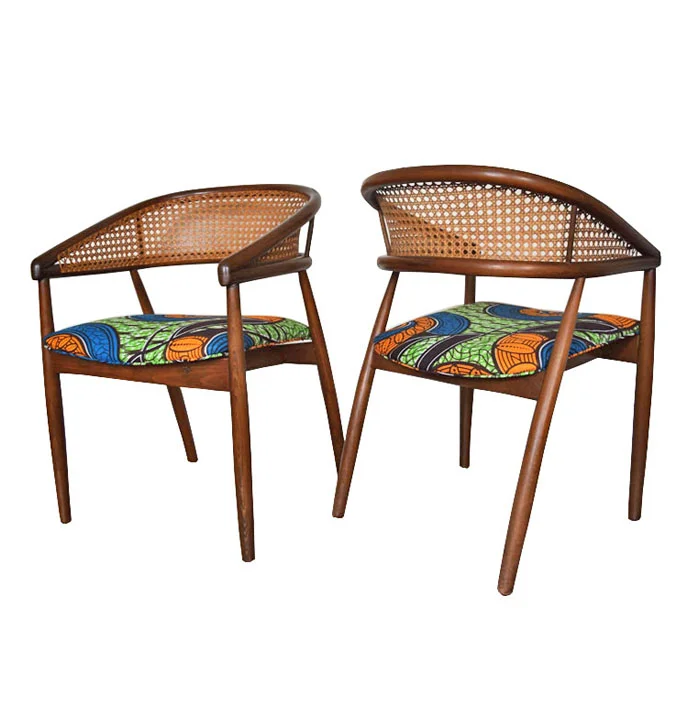 African print Mid-Century Caned Dining Chairs