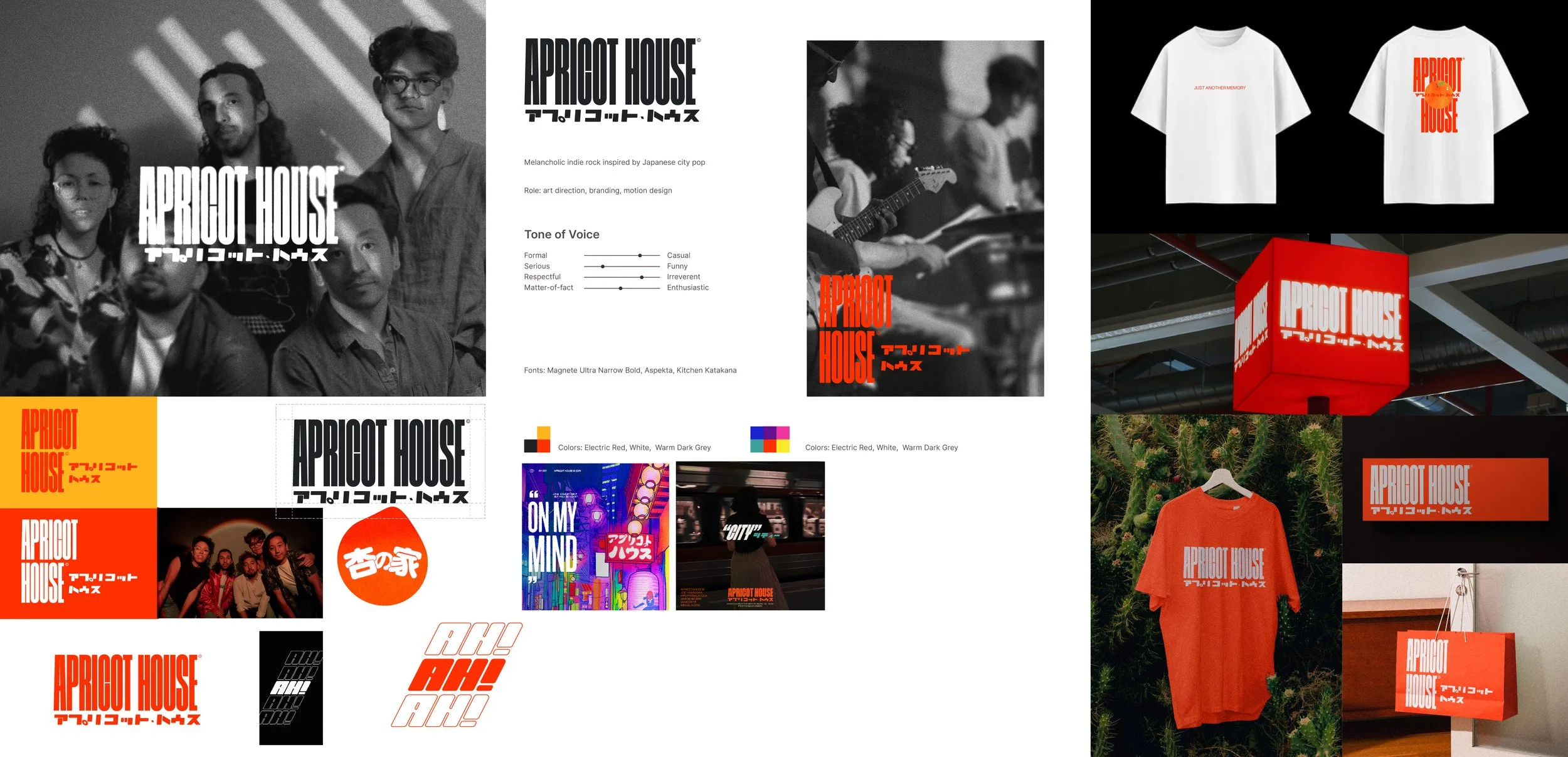 A collage of branding materials for Apricot House, including a black-and-white photo of a music band, logo design concepts, T-shirts with the Apricot House logo, storefront signage, and promotional posters in red, white, and black colors.