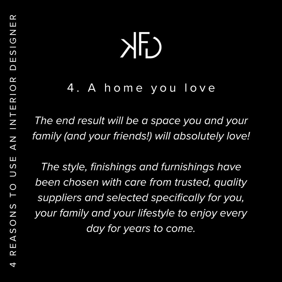 Four reasons to use an Interior Designer⁠
⁠
4. A home you love 🏠⁠
⁠
The end result will be a space you and your family (and your friends!) will absolutely love! The style, finishings and furnishings have been chosen with care from trusted, quality s
