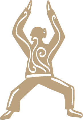 Stylized illustration of a bird with human-like arms raised in a martial arts stance.