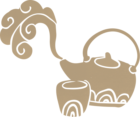 Illustration of a tea set with a teapot and cup emitting steam in a minimalist style.