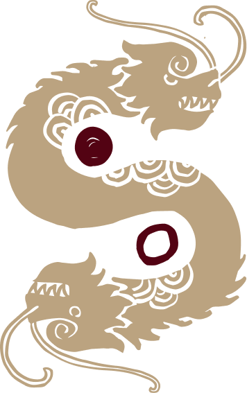 Stylized beige dragon with maroon circles on black background