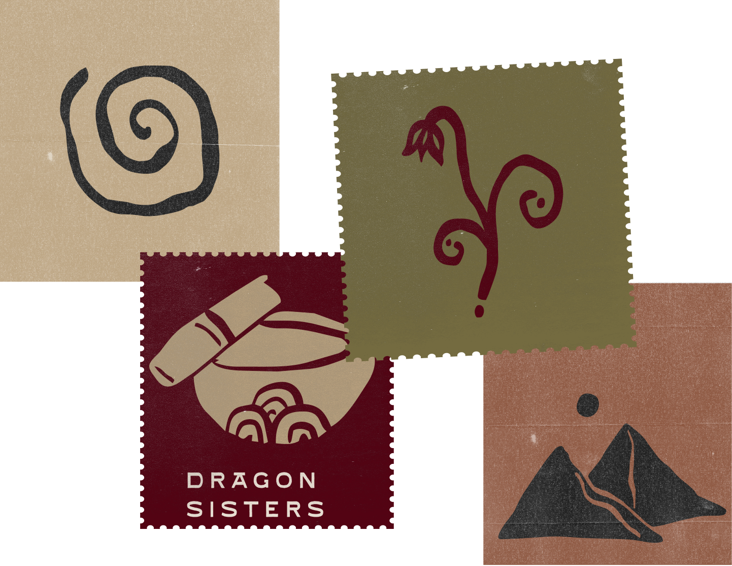 A collage with abstract illustrations including a spiral, a flower with a question mark, a lipstick and a candy, and a mountain. Text 'Dragon Sisters' on a maroon background.