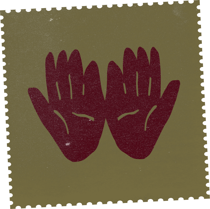 Two stylized dark red hands with open palms facing forward, set against a light olive background.