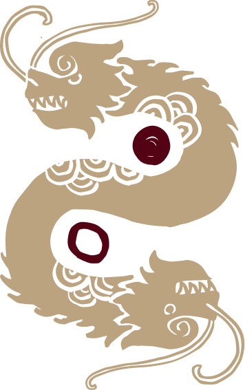 Stylized illustration of a dragon with swirling patterns and two red orbs.