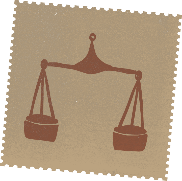 Illustration of a balance scale with equal weights on both sides, in a minimalist, monochrome style.