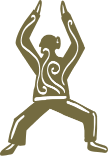 Stylized silhouette of a person in a yoga pose with arms raised and legs apart.