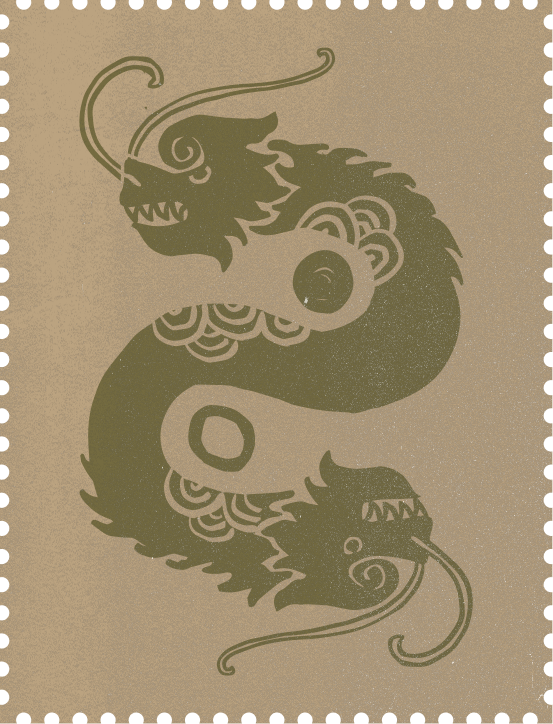 Stylized green Chinese dragon on beige background.