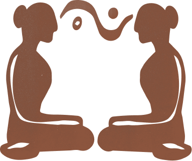 Silhouettes of two children sitting and facing each other with a smiling face above them.