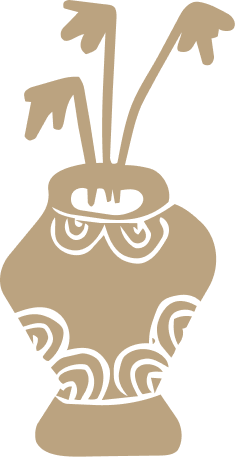 A stylized beige vase with flower stems and leaves