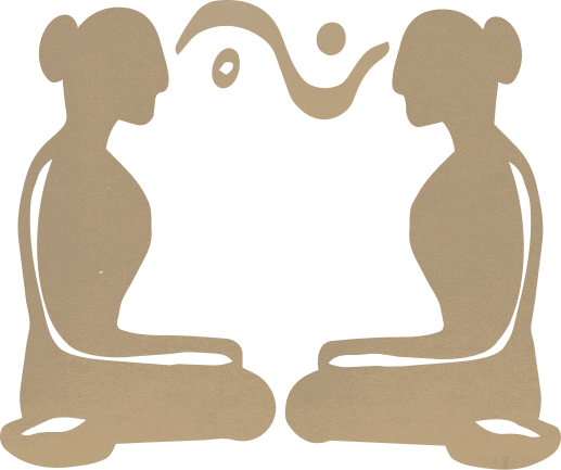 Two stylized women sitting cross-legged facing each other with a snake between their heads.