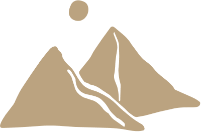 Illustration of two mountains with dark lines indicating a path or trail, and a circular object representing the sun or moon in the sky.