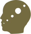 A stylized illustration of a lion's head in muted green and black colors.
